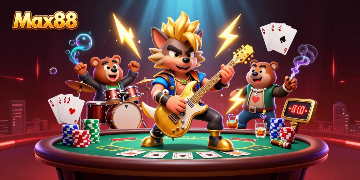 Experience gaming excitement with Max88 in a vibrant 3D casino illustration packed with action.