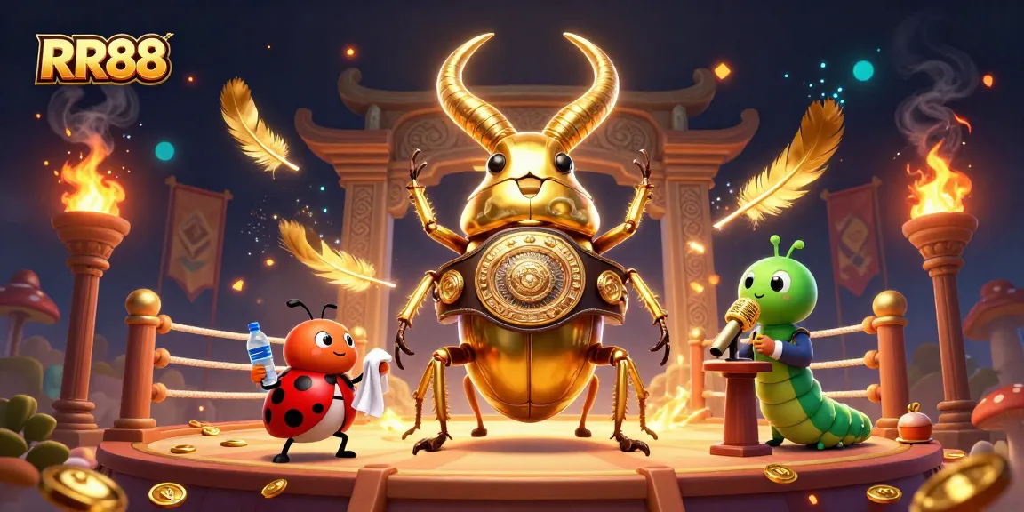 RR88's captivating 3D scene with a boxing beetle and gaming elements immersing players in excitement.