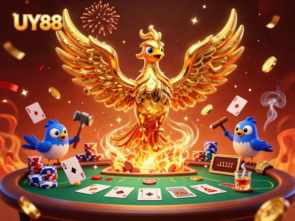 Experience UY88 excitement with a molten phoenix at a lively poker scene amid gold coins.