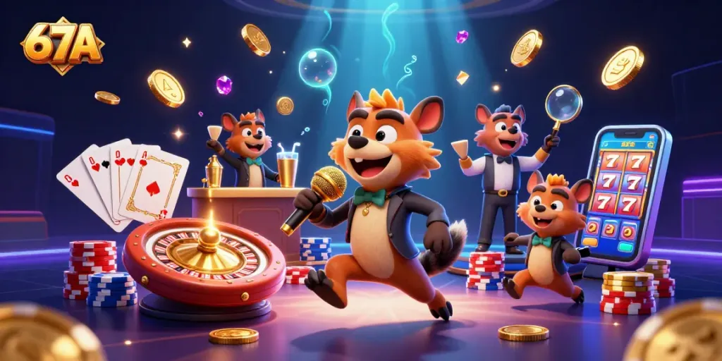 67A hyena casino scene featuring a stand-up comedian, bartender, and bouncer in a vibrant atmosphere.