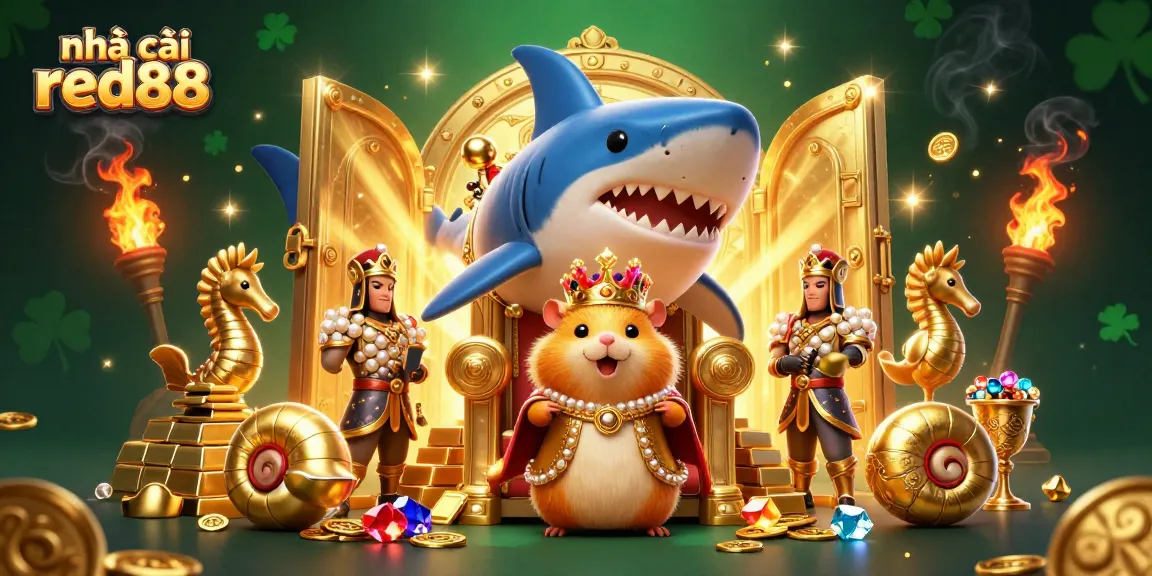 Experience thrill at nhà cái red88 with vibrant, dynamic 3D casino illustration featuring gold treasures and a hamster king.