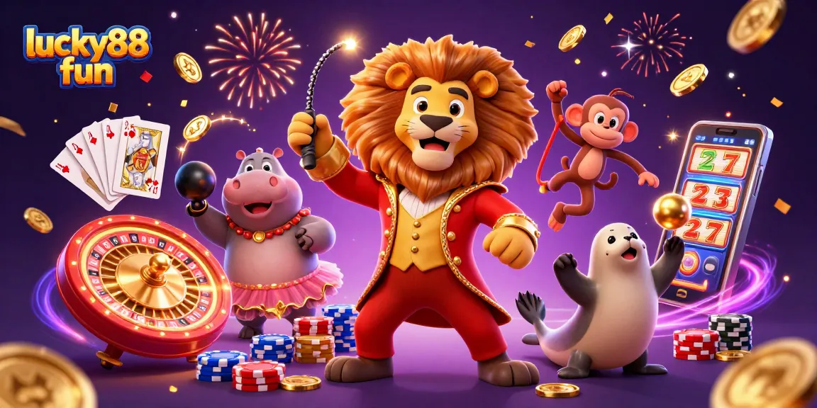 Experience lucky88 fun with vibrant casino characters amidst cascading coins and bright game elements.