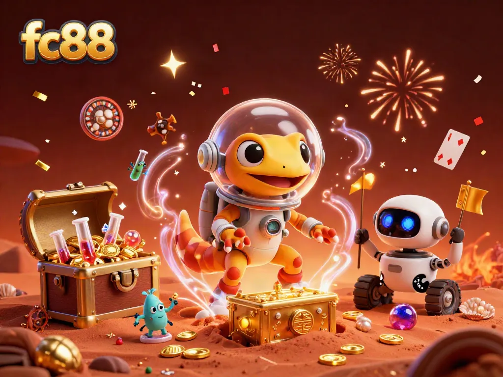 Join the excitement at fc88 with a Martian gecko discovering a buried casino in Mars' red sand.