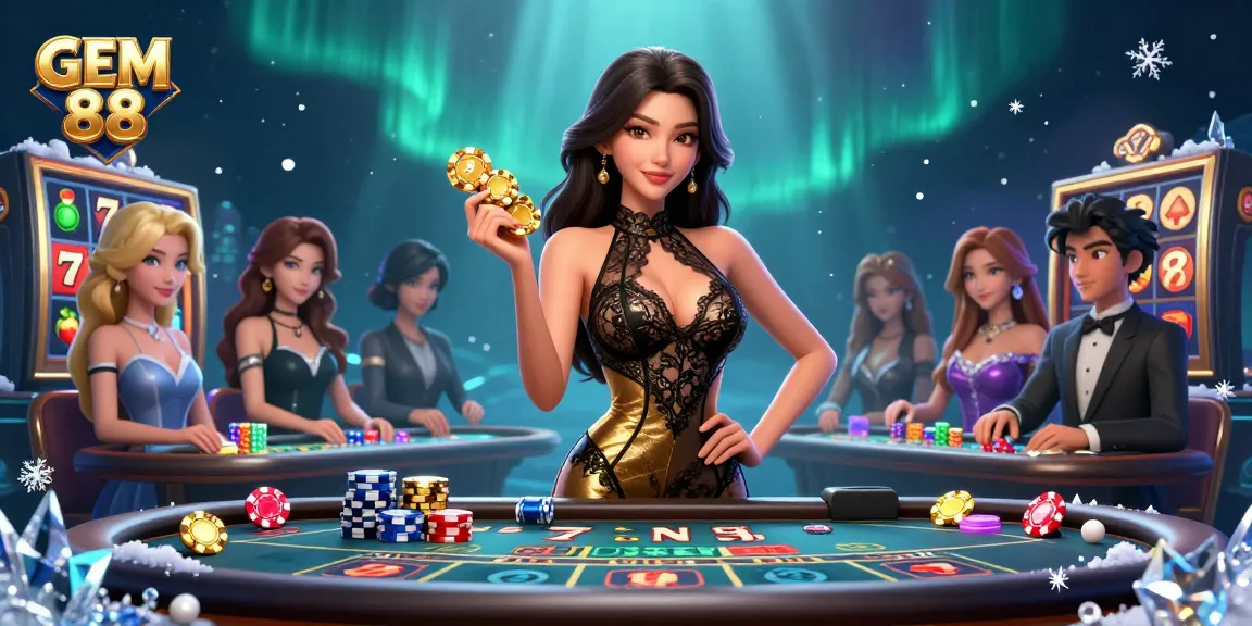 Experience high-stakes glamour at GEM 88 with a confident player and dazzling casino elements.