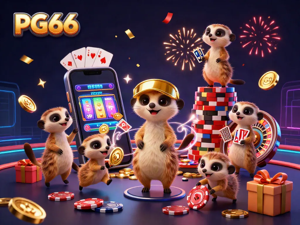 Experience PG66's vibrant casino atmosphere with playful meerkats in an elaborate setting.