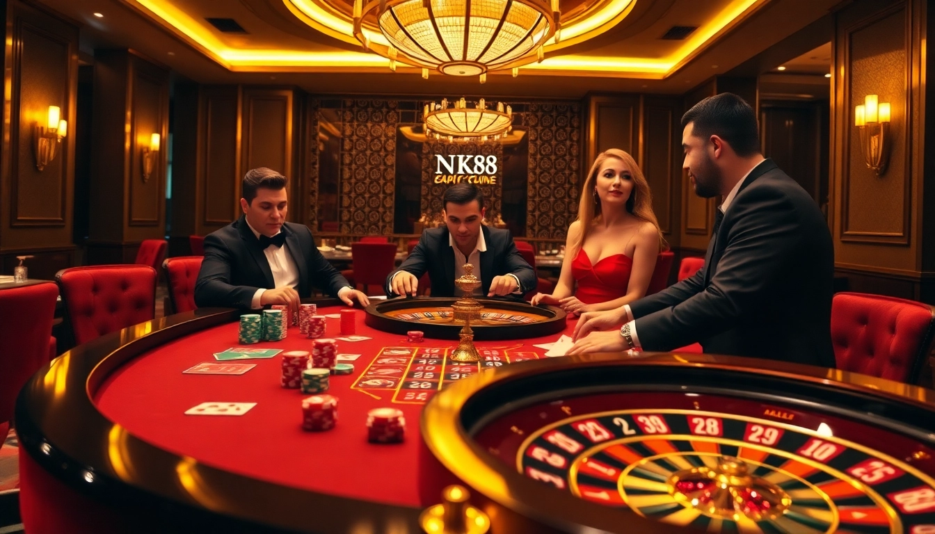 Engage with NK88 at a luxurious casino table, showcasing thrilling games and excitement.