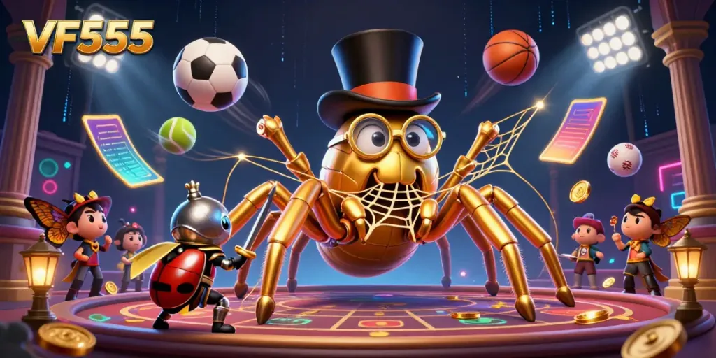 Engage with thrilling VF555 online casino action through a vibrant illustration featuring a golden tarantula and beetle knight.
