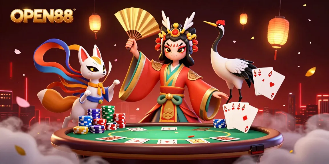 Join the gaming excitement at OPEN88 with a vibrant poker scene featuring stunning characters and elements.