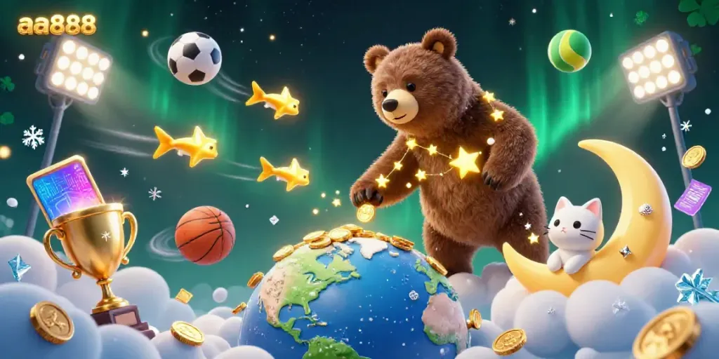 Experience thrilling gaming at aa888 with a golden constellation bear and sports elements amidst a vibrant casino atmosphere.