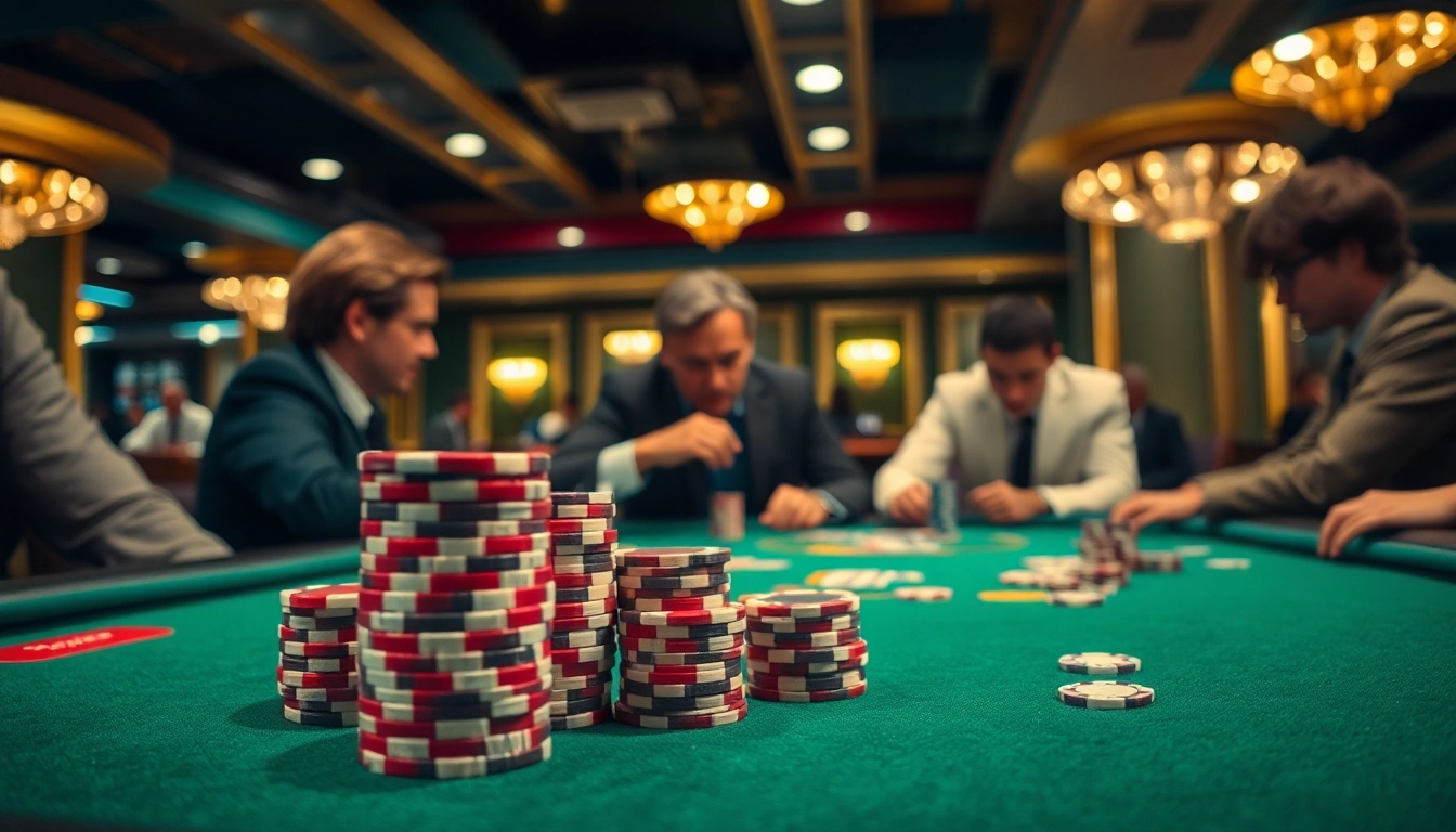 Slot deposit 5000 pada meja poker dengan pemain serius dan tumpukan chip mencolok.