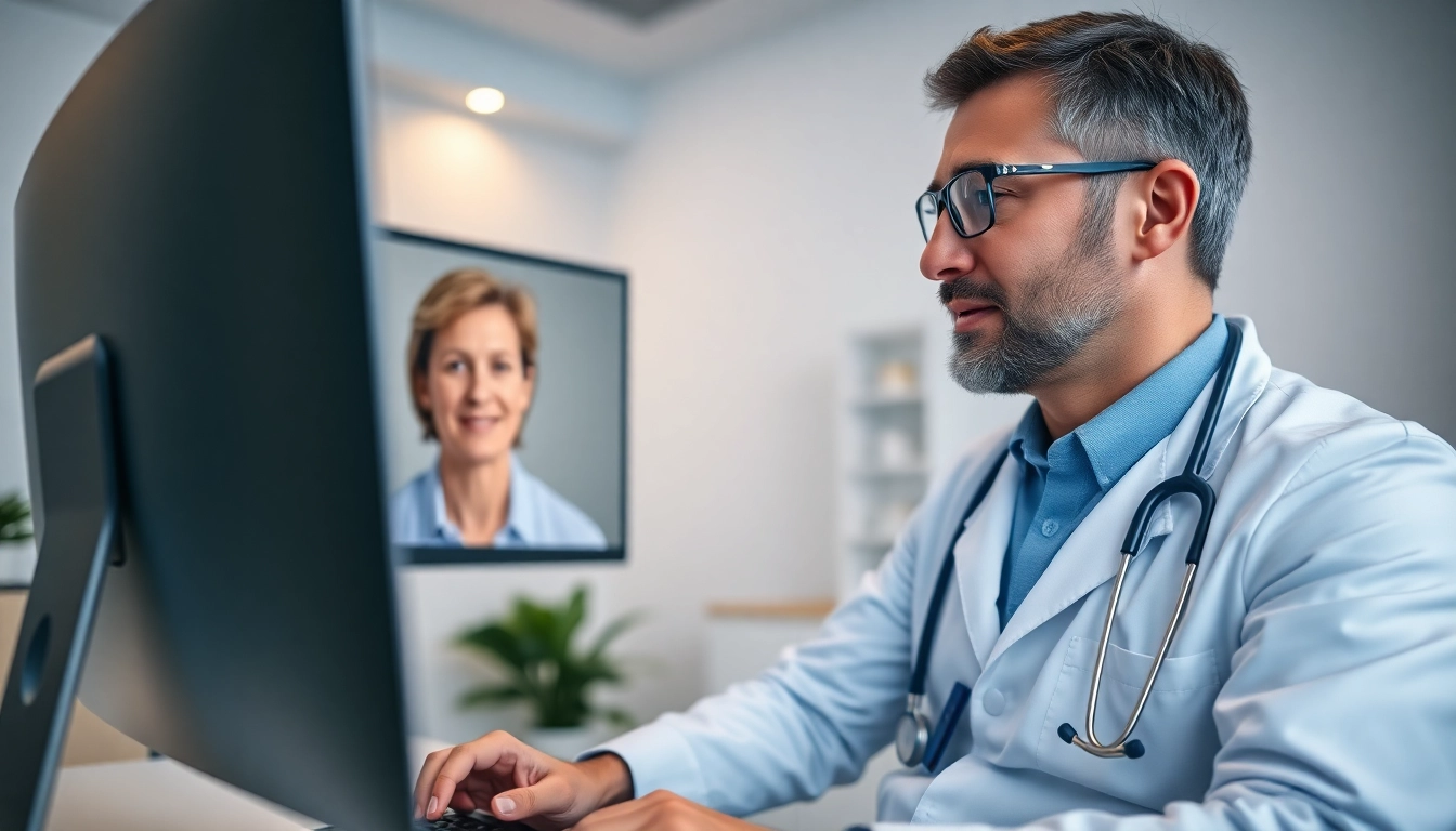 Talk to a doctor online without appointment through a virtual consultation setup, showcasing professionalism and trust.