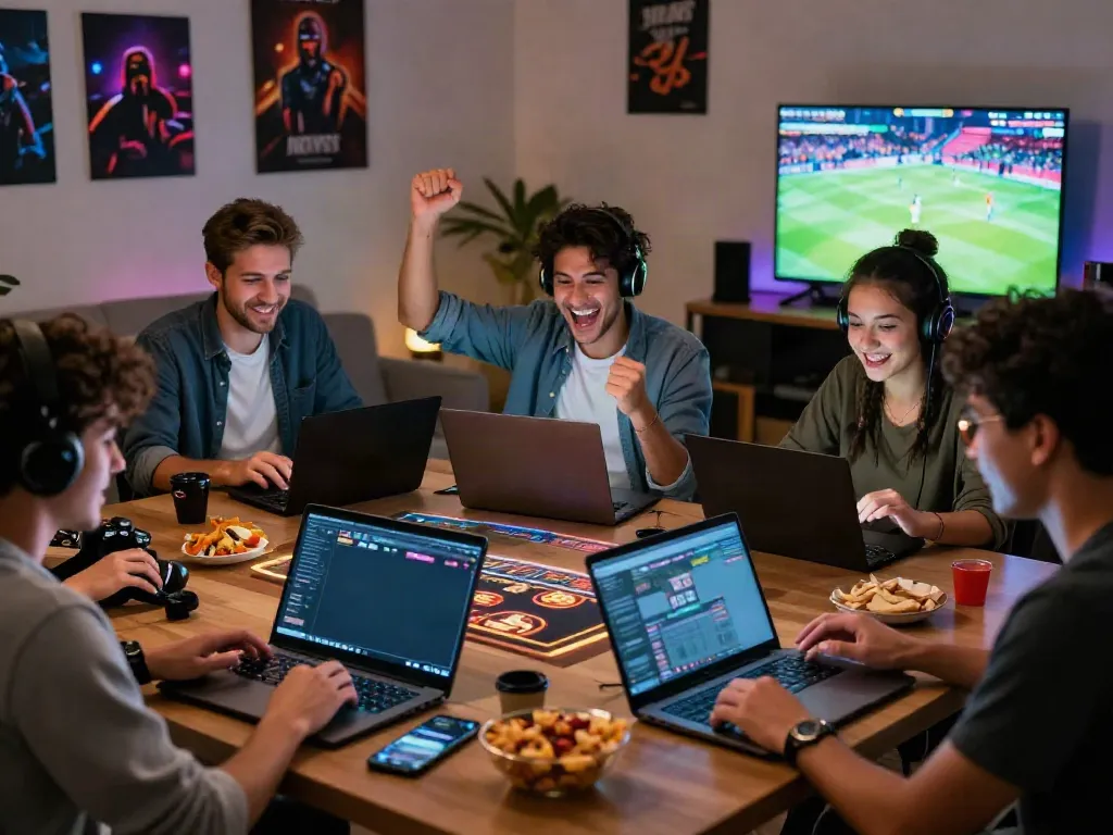 Online gaming experience at home with friends celebrating wins, showcasing diverse casino games from https://ku88v1.com/ in a cozy living room atmosphere.