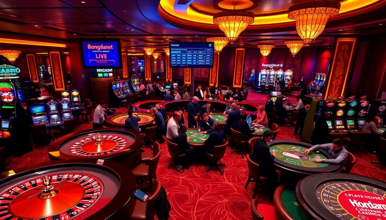 Bongdanet provides live updates as gamblers enjoy thrilling games in a luxurious casino setting.