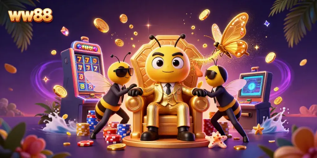 Engage with exciting slot reels at ww88 amid golden coins and vibrant gaming elements.