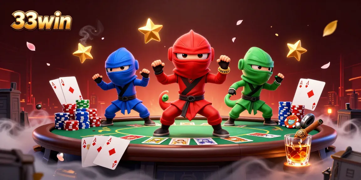 33win animated chameleon team performs martial arts as poker elements surround them, illustrating high-stakes action.