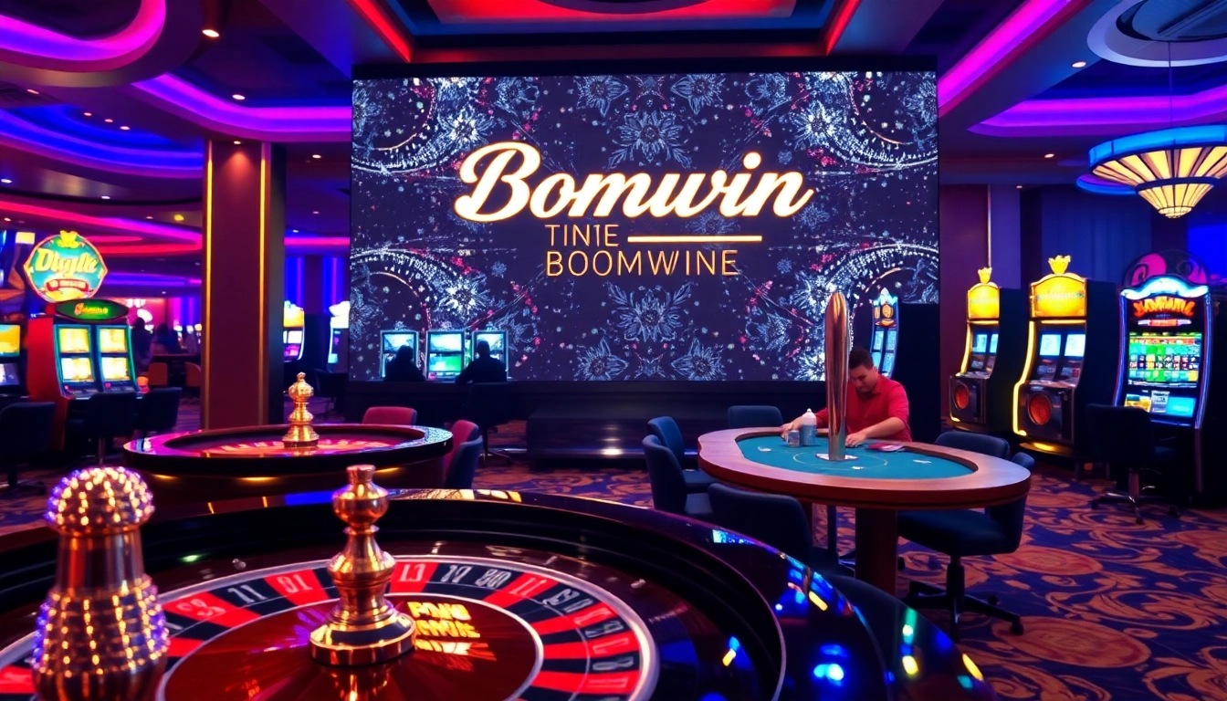 Experience the excitement of Bomwin with vibrant casino tables and glowing slot machines.
