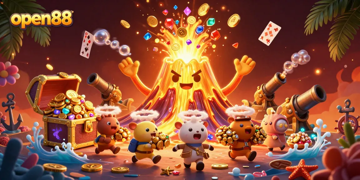 Experience the thrill of open88 with treasures exploding from a golden volcano in a captivating 3D scene.