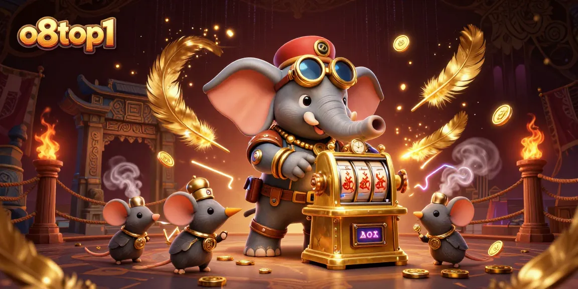 Spin the reels at o8top1 with a whimsical steampunk elephant at this vibrant casino illustration.