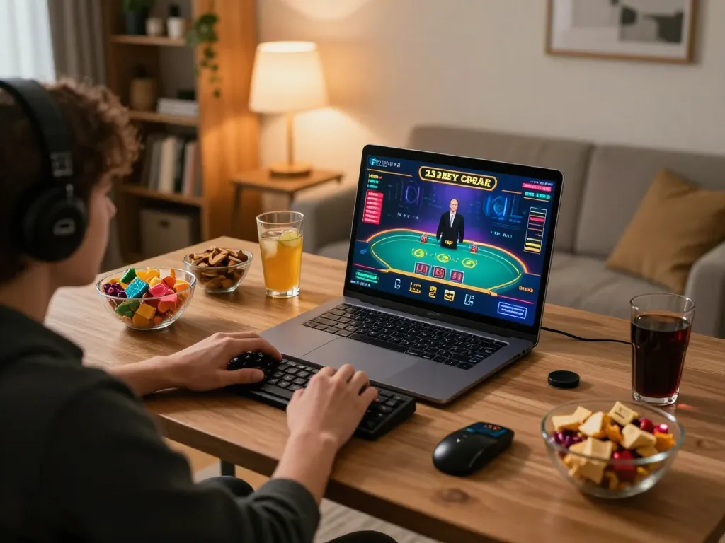 Engaging with 23bet plataforma for online gambling, showcasing a cozy gaming setup.