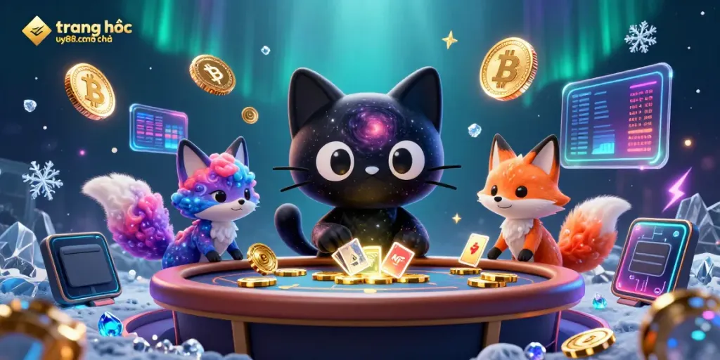 Playing at trang chủ uy88.com chính thức with cosmic characters and crypto elements in a vibrant, colorful casino.