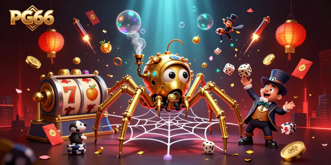 Experience the excitement of PG66 with a dynamic casino-themed scene featuring a steampunk spider and vibrant game elements.