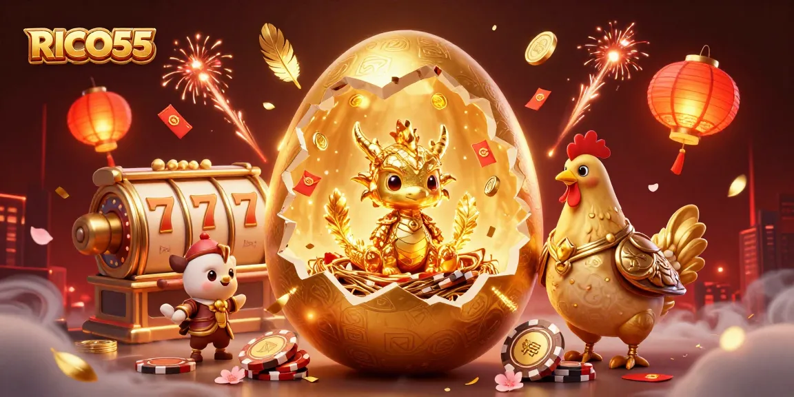 Experience the excitement of RICO55 with a golden dragon, poker chips, and lively gaming elements.