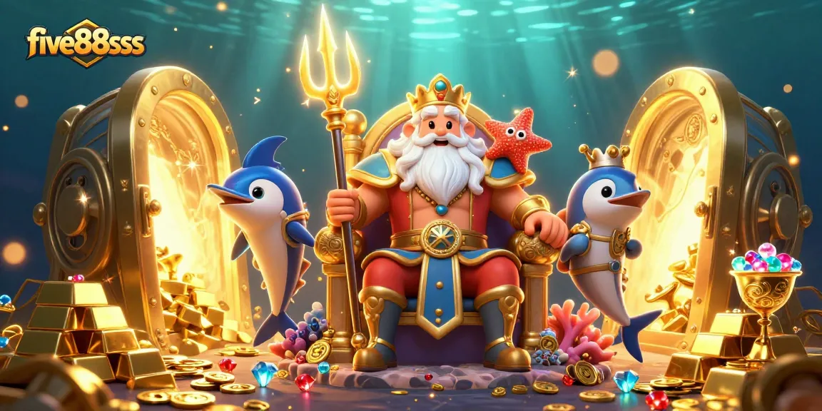 Join the excitement at five88sss with a vibrant 3D casino illustration showcasing Neptune, treasure, and gaming elements.