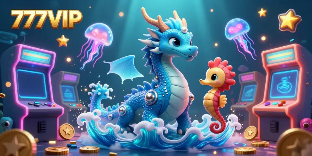 Experience the excitement of 777VIP through a vibrant underwater scene with magical characters and arcade elements.