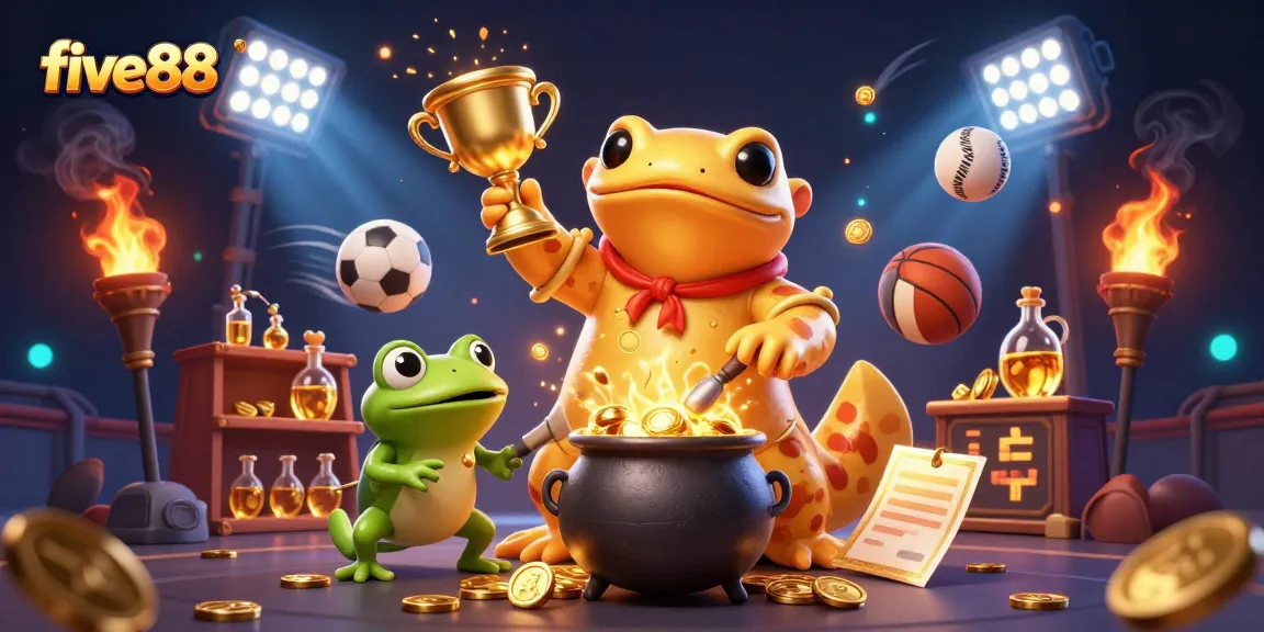 Experience exciting wins at five88 with a dynamic casino scene featuring alchemists and sports elements.