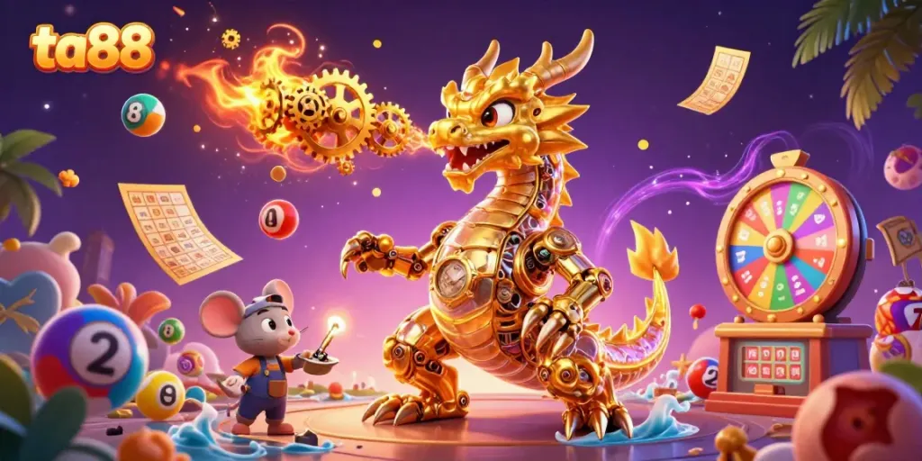 Join the excitement with ta88, where a golden dragon breathes gears amid lottery chaos and vibrant games.