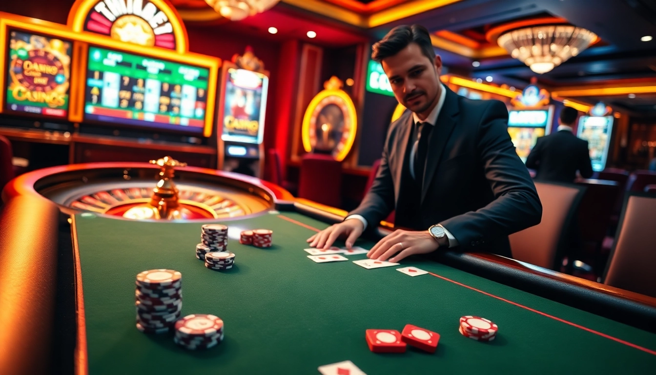 THABET casino scene showcasing an engaging poker table, roulette wheel, and vibrant atmosphere.