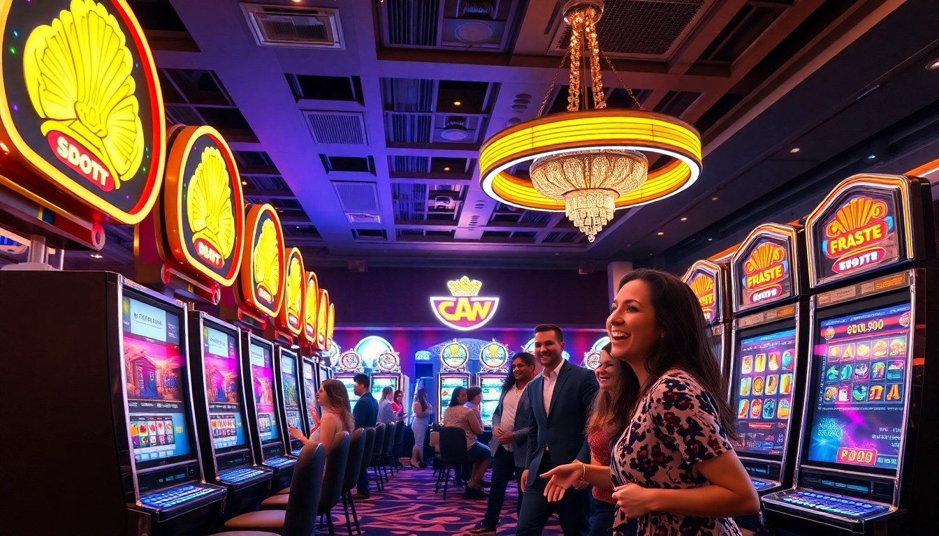 Slot deposit 5000 menampilkan pemain slot yang bersemangat di kasino yang hidup.